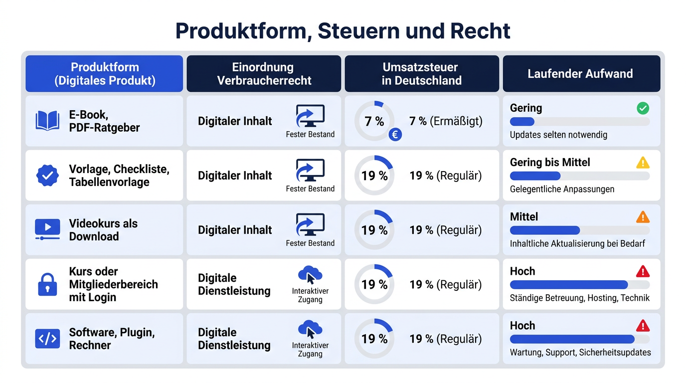 Tabelle zum Vergleich von digitalen Produkten hinsichtlich Verbraucherrecht, Umsatzsteuer und laufendem Aufwand.