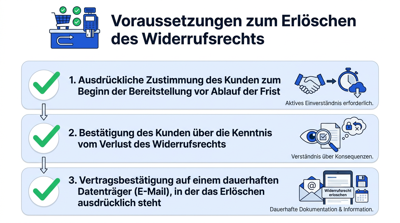 Checkliste mit den drei gesetzlichen Voraussetzungen, damit das Widerrufsrecht bei digitalen Downloads vorzeitig erlischt.