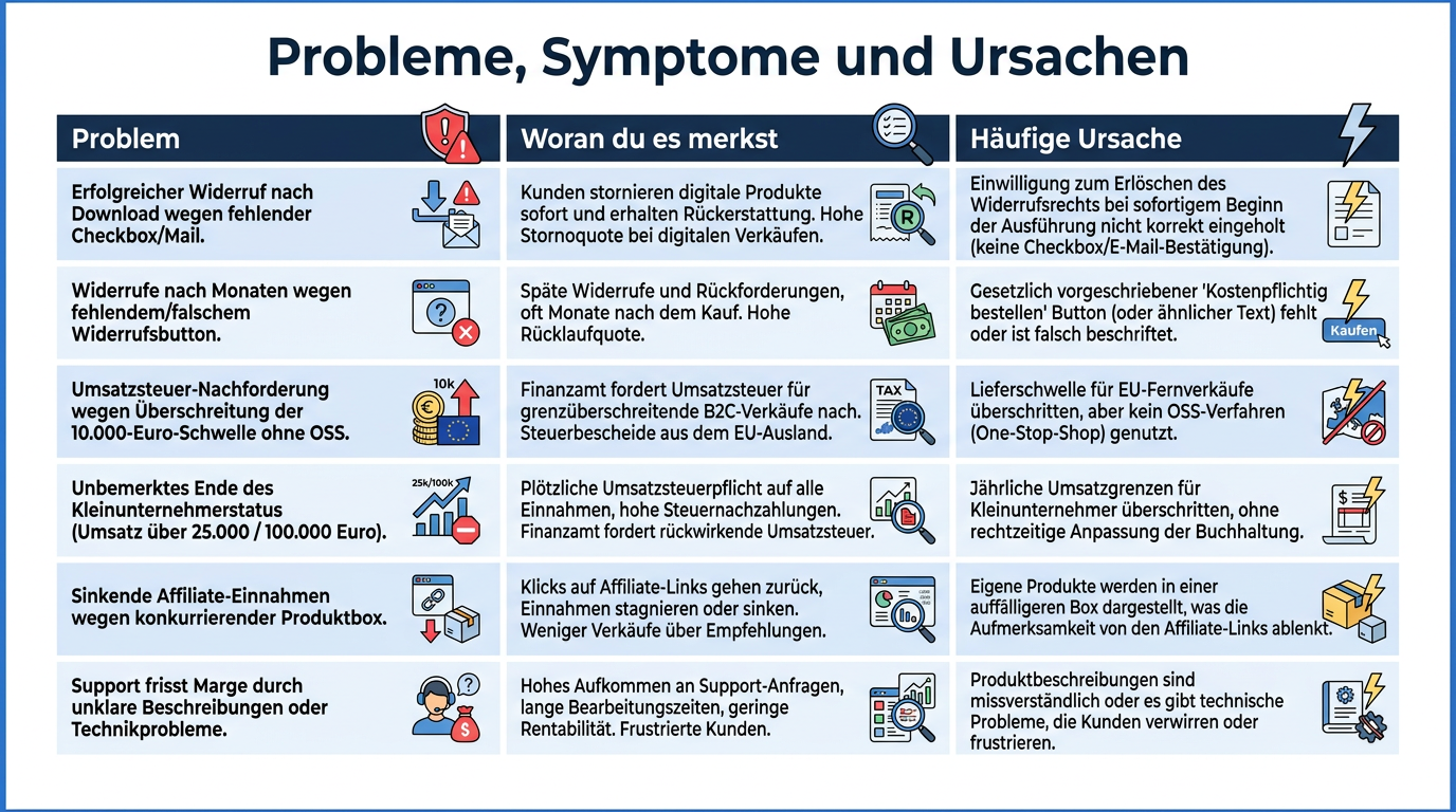 Tabelle zur Fehlerdiagnose beim Verkauf digitaler Produkte mit Problemen, deren Erkennungsmerkmalen und den häufigsten Ursachen.