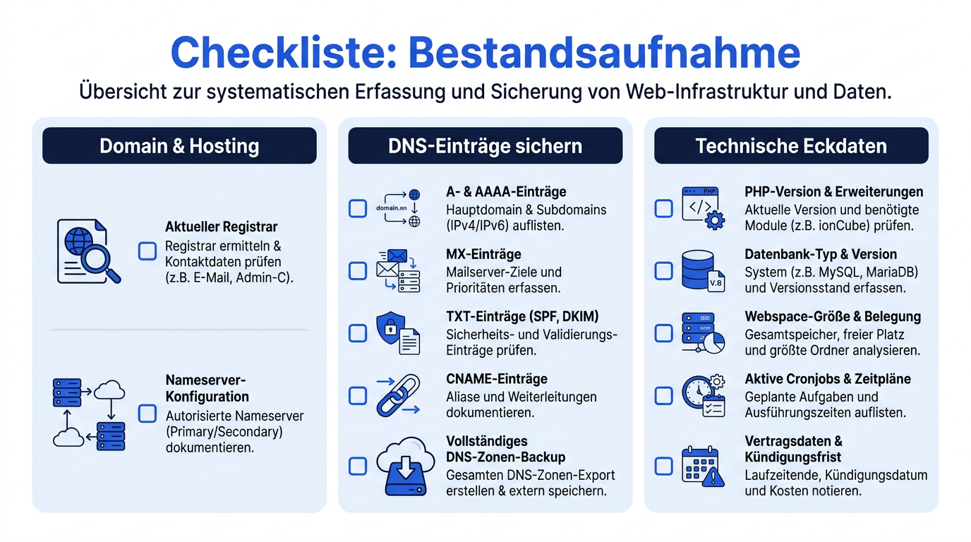 Infografik-Checkliste für die Bestandsaufnahme vor einem Hosting-Umzug mit den Bereichen Domain, DNS-Einträge und technische Eckdaten.