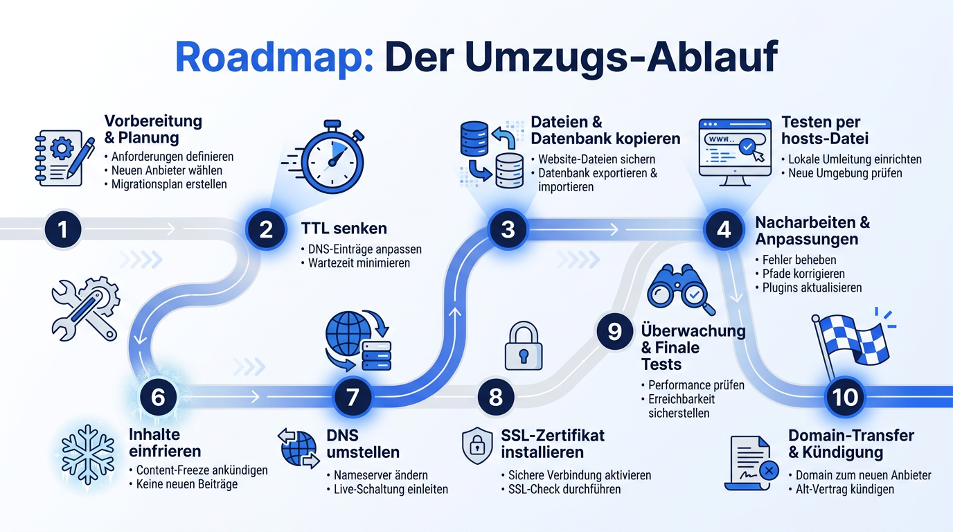 Schritt-für-Schritt-Roadmap des idealen Hosting-Umzugs in 10 Phasen, vom neuen Tarif bis zur Kündigung des alten.
