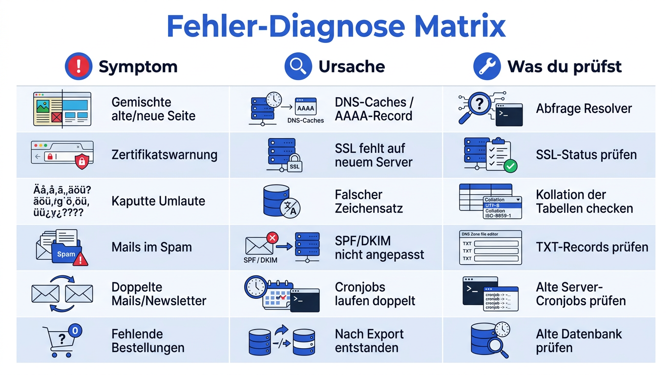 Tabelle zur Fehlersuche nach einem Serverumzug, die Symptome wie kaputte Umlaute oder Spam-Mails konkreten Ursachen und Prüfschritten zuordnet.