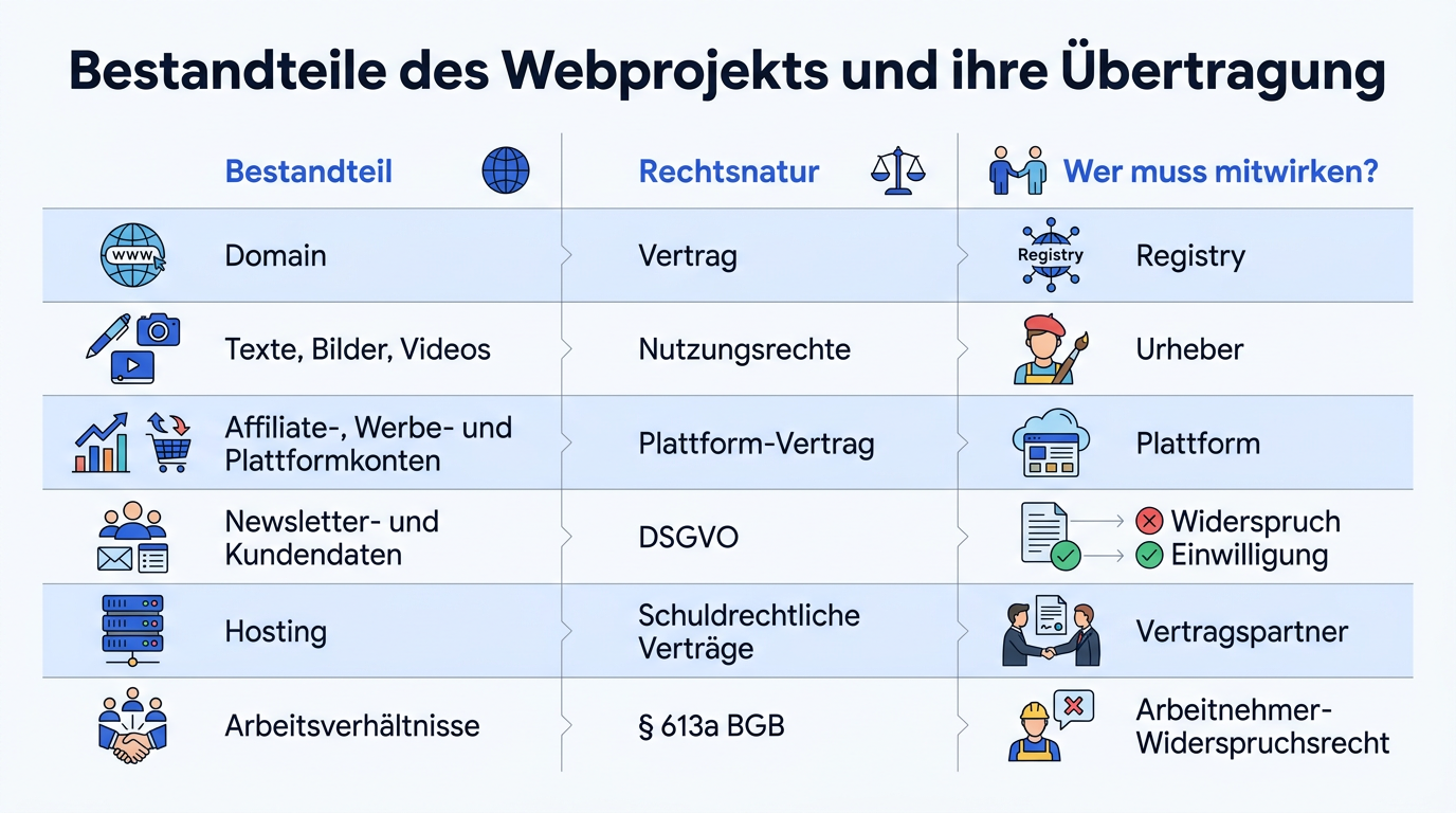 Tabelle zur Einzelrechtsnachfolge: Welche Wirtschaftsgüter beim Asset Deal wie übertragen werden und wer zustimmen muss.