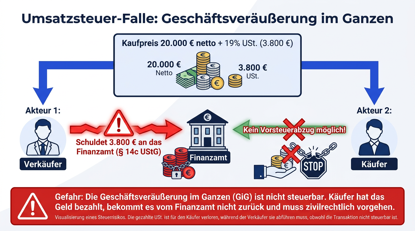 Beispielrechnung zur Umsatzsteuerfalle bei einer Geschäftsveräußerung im Ganzen anhand eines Projekts für 20.000 Euro netto.