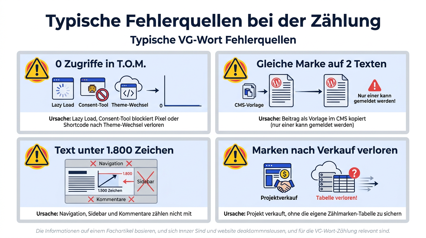 Übersicht von vier typischen VG-Wort Fehlern und deren Ursachen: blockierte Pixel durch Lazy Load, doppelte Zählmarken beim Kopieren von Beiträgen, Texte unter 1.800 Zeichen und verlorene Zählmarken bei einem Projektverkauf.