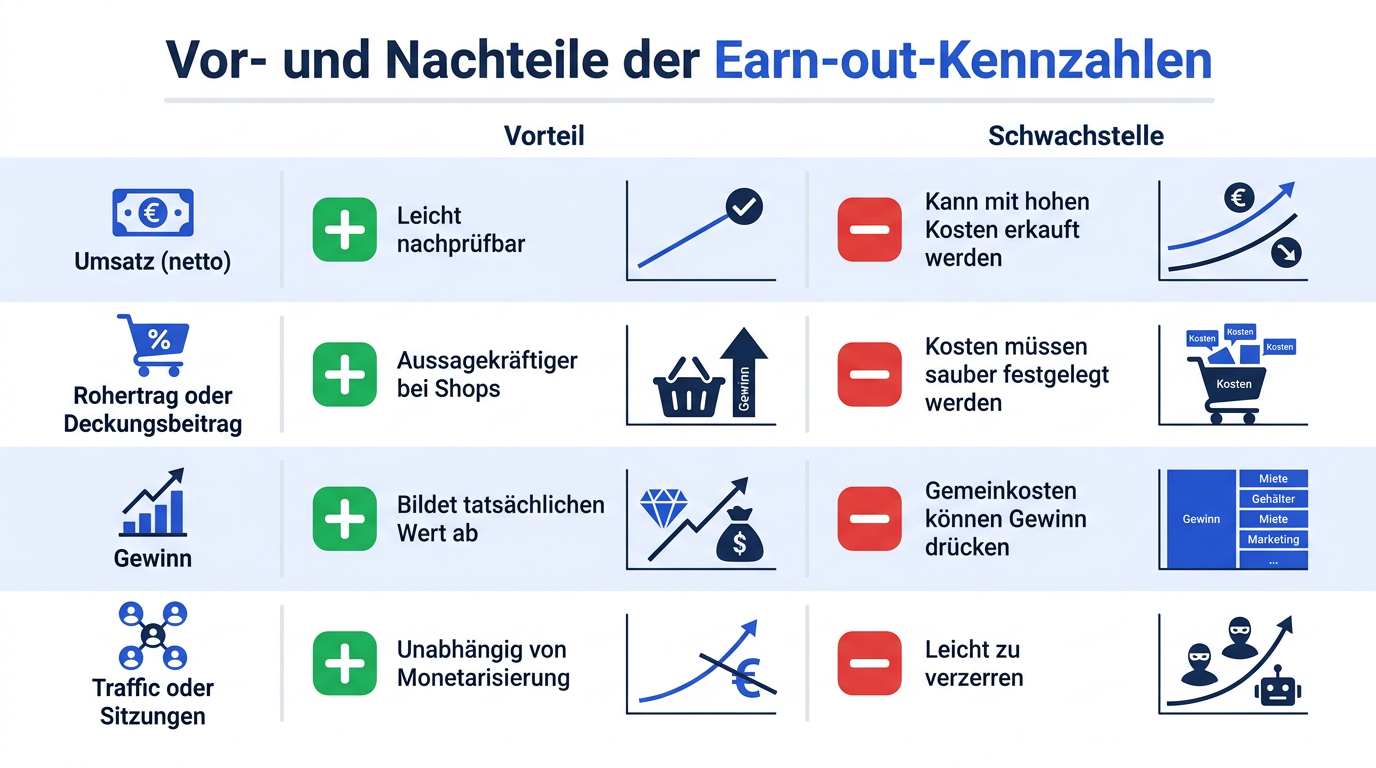 Tabellarischer Vergleich der vier Bemessungsgrundlagen Umsatz, Rohertrag, Gewinn und Traffic für Earn-outs mit ihren jeweiligen Vor- und Nachteilen.