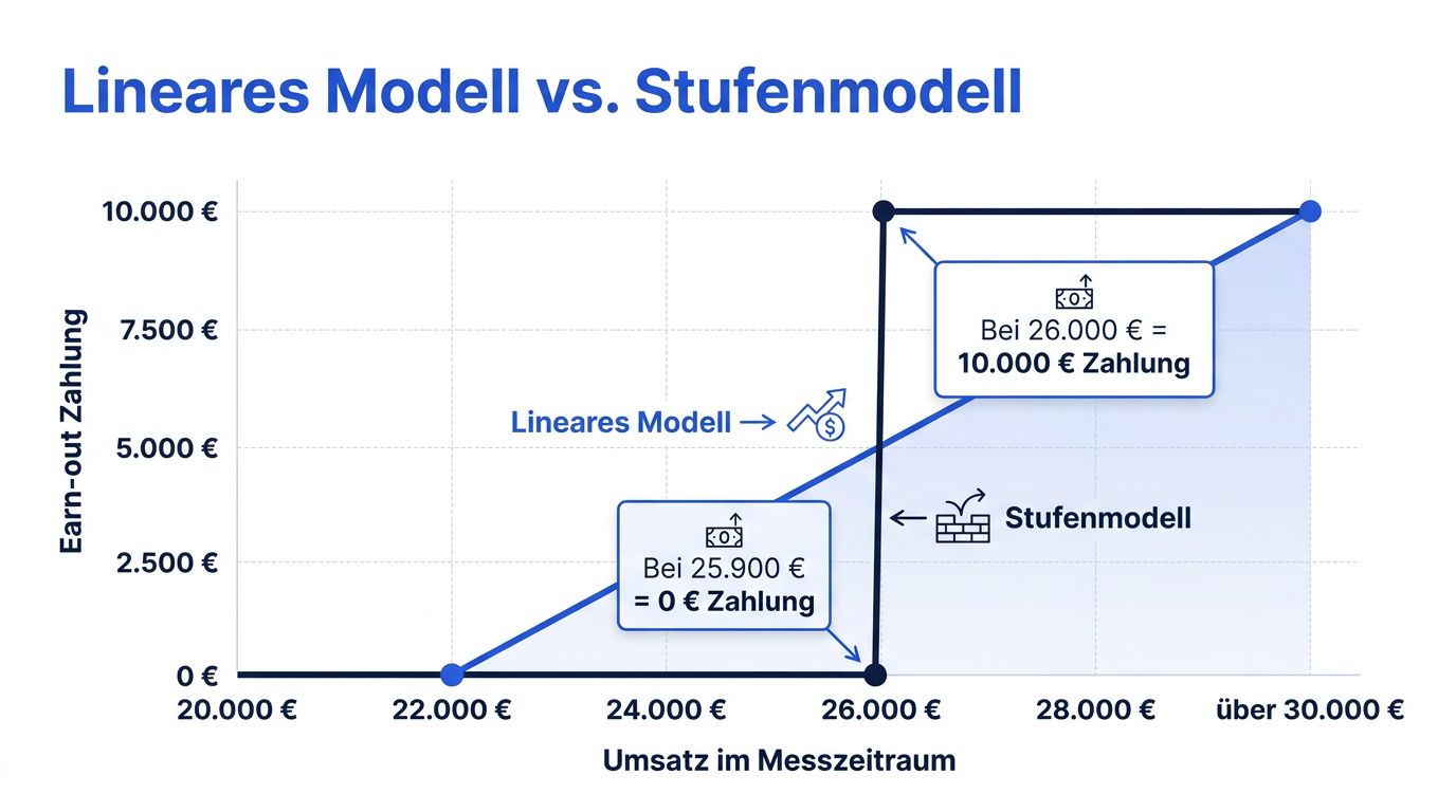 Liniendiagramm, das die Earn-out-Zahlung abhängig vom Umsatz zeigt und das stetig ansteigende lineare Modell mit dem riskanten Stufenmodell vergleicht.