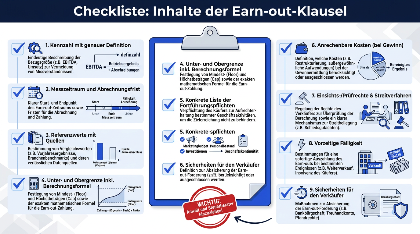 Eine Checkliste mit neun essenziellen Punkten, die in einen Vertrag für eine Earn-out-Klausel gehören, von der Kennzahlen-Definition bis hin zu Sicherheiten.