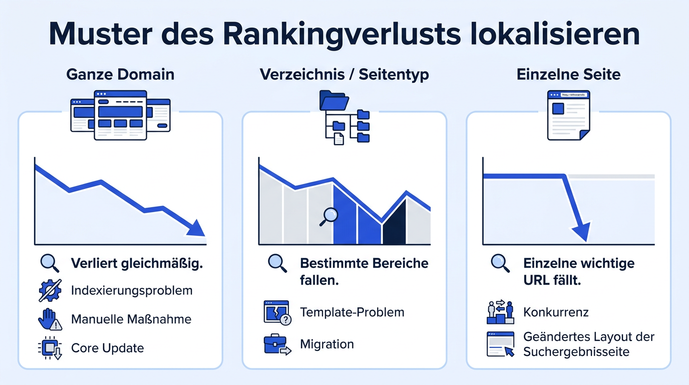 Vergleichsgrafik, die zeigt, welche SEO-Ursachen wahrscheinlich sind, je nachdem ob der Verlust die gesamte Domain, ein einzelnes Verzeichnis oder nur eine URL betrifft.