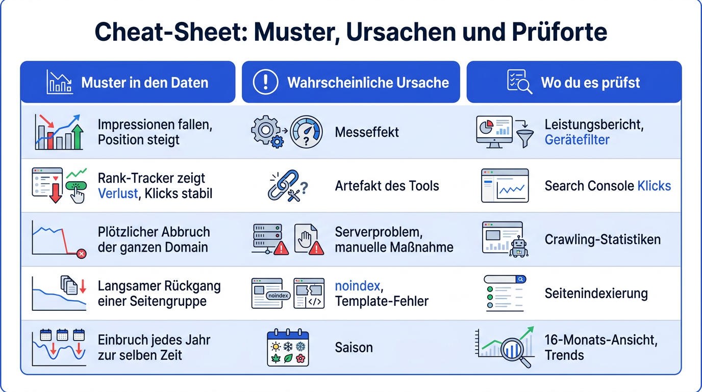 Tabelle als Diagnose-Matrix, die verschiedene SEO-Datenmuster mit der jeweils wahrscheinlichsten Ursache und dem Ort der Überprüfung verknüpft.