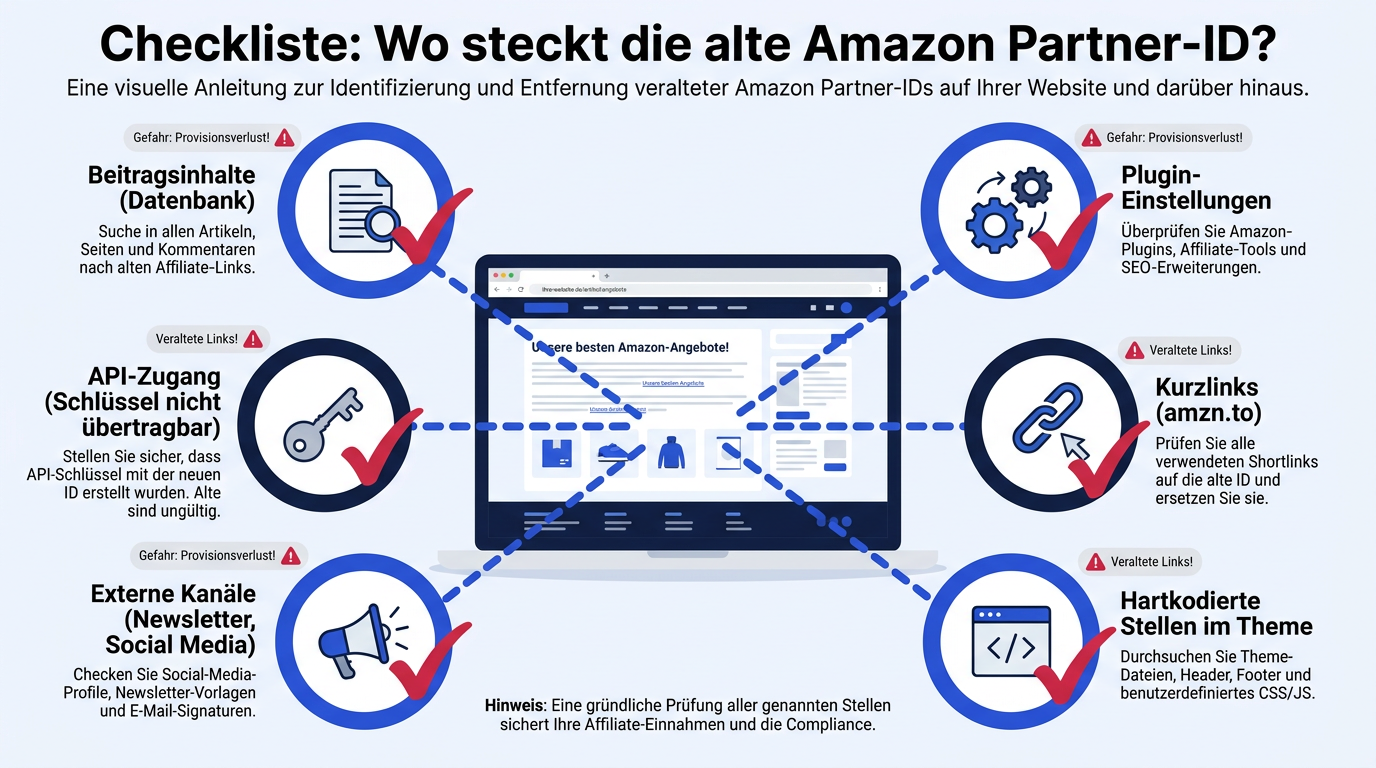 Infografik: Sechs typische Fundstellen der alten Amazon Partner-ID auf einer Website, darunter Datenbank, Plugins, Kurzlinks, Theme, externe Kanäle und API-Zugang.