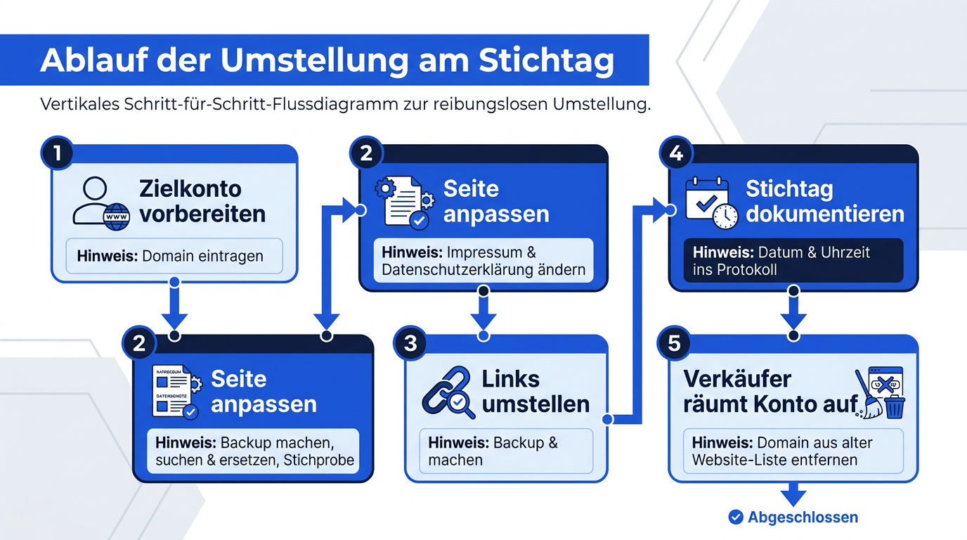 Schritt-für-Schritt-Diagramm zur Amazon-Konto-Umstellung am Stichtag in 5 Phasen: Zielkonto vorbereiten, Seite anpassen, Links umstellen, Stichtag dokumentieren und Konto des Verkäufers aufräumen.