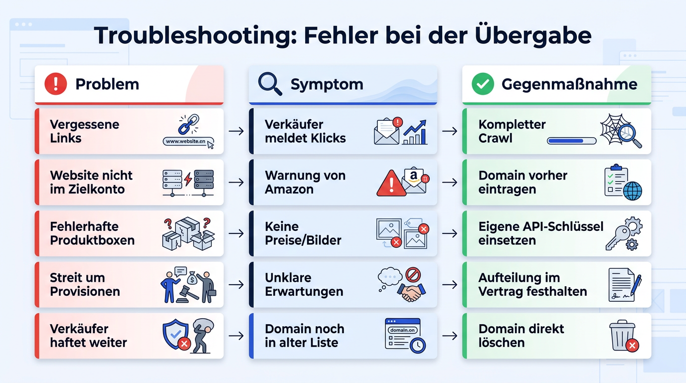Troubleshooting-Tabelle mit typischen Problemen bei der Amazon-Website-Übergabe, woran man sie erkennt und den direkten Gegenmaßnahmen.